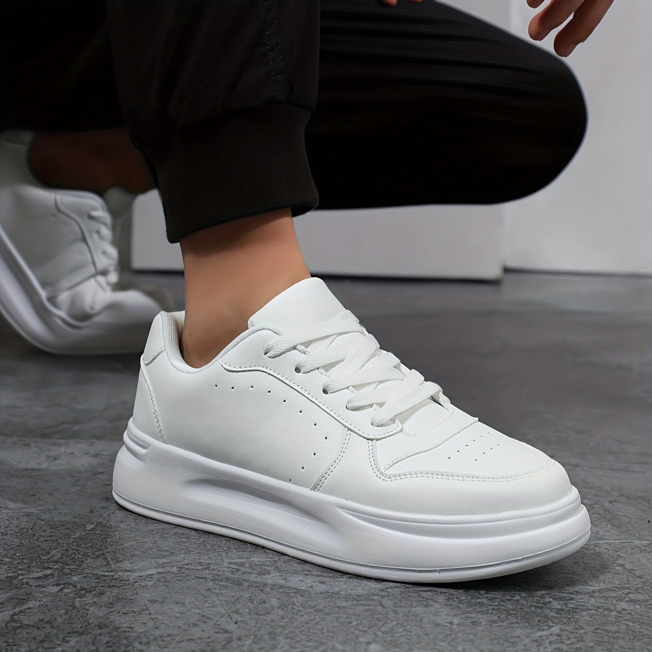 Men's Trendy White Skate Sneakers - Comfortable, Breathable, All-Season Low-Top Lace-Up Shoes with Thick Sole, PU Upper & Mesh Lining for Casual Streetwear