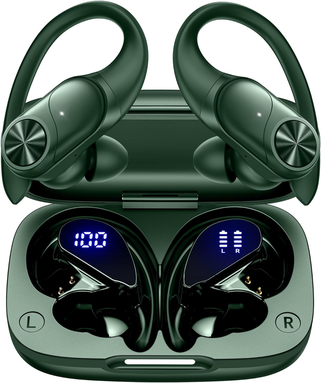 Pocbuds Bluetooth Headphones Wireless Earbuds 80Hrs Playtime Wireless Charging Case Digital Display Sports Ear Buds with Earhook Deep Bass IPX7 Waterproof Over-Ear Earphones for TV Phone Laptop Black