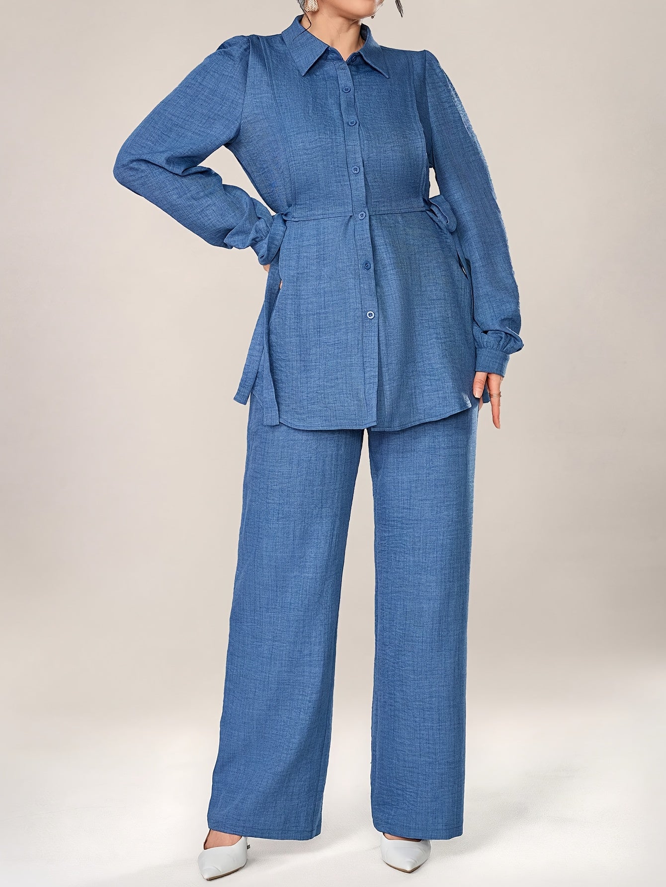 Stylish and Elegant Casual Two-Piece Women's Outfit with Side Tie Single-Breasted Shirt and Wide-Leg Pants for Office Wear