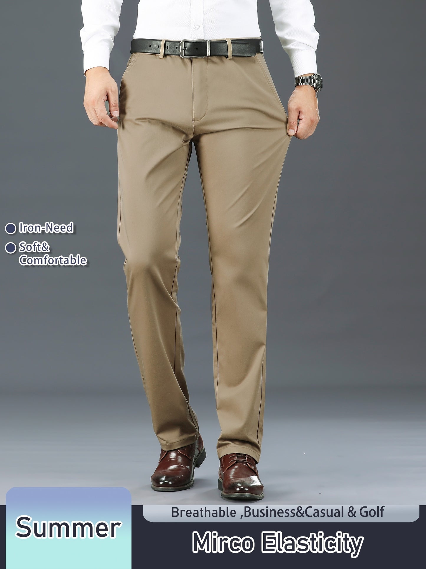 Men's Solid Color Straight Leg Business Style Cotton Blend Pants, Casual Comfy Breathable Outdoor Trousers As Gift