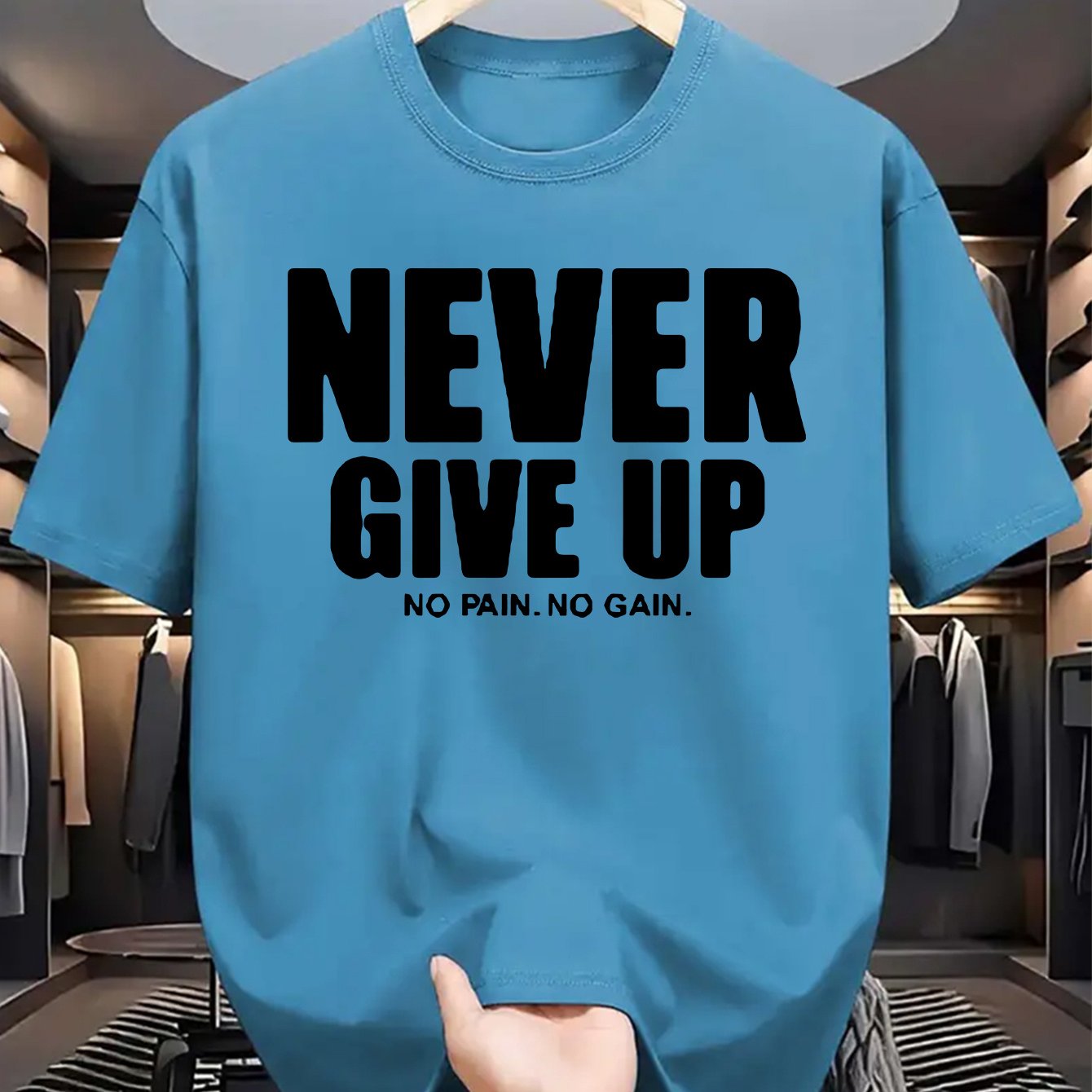 Men'S Casual Crew Neck T-Shirt with "Never Give Up" Print, Polyester Knit Fabric, Slight Stretch, Regular Fit, Summer Short Sleeve Tee for Daily Wear