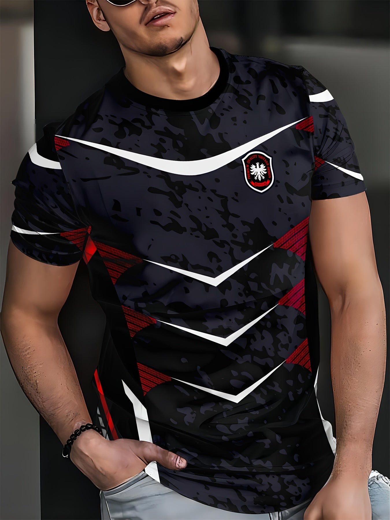 1pc Men'S Athletic Sports T-Shirt - Polyester Crew Neck with Slight Stretch, Patterned Knit Fabric, Casual Summer Top for Fitness Training