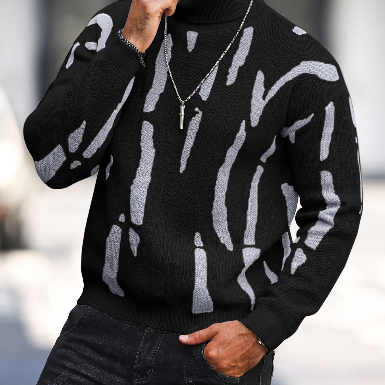 Men's Zebra Stripe Knit Sweater - High Neck Winter Pullover with Zebra Stripes, Warm Casual Sweaters for Weather, Hand Washable Fall/Winter Wardrobe Essential (Regular Fit)