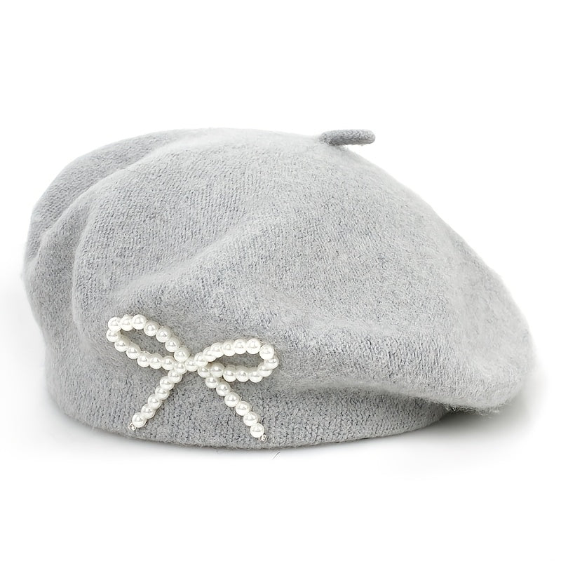 1pc Women's Wool Beret with Pearl Bow - Elegant, Breathable, and Stylish in Multiple Colors (Black, Brown, Gray, Beige, Purple, Pink) for Casual Attire