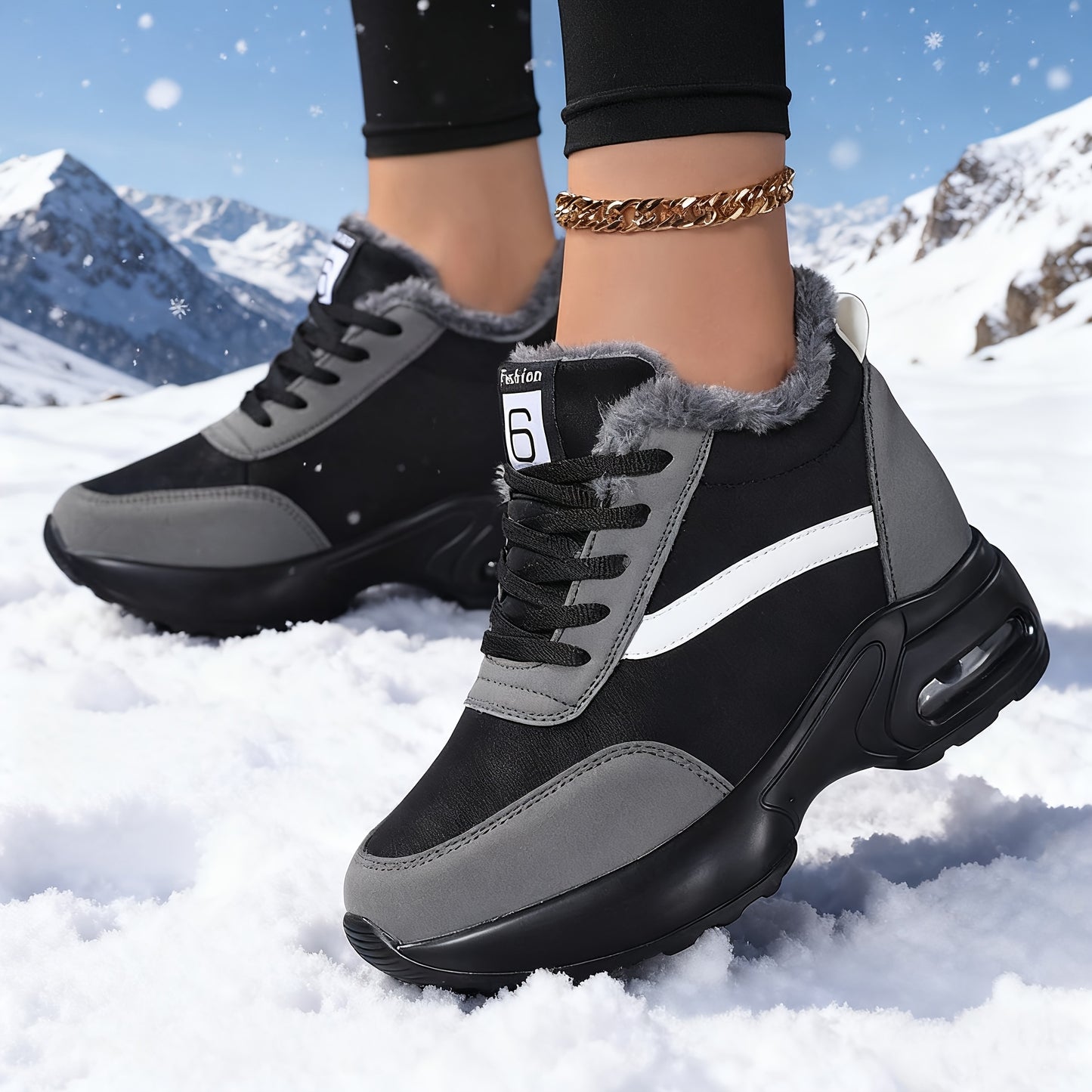 SOSENFER Women'S Winter Sneakers with Plush Lining - Low-Top Lace-Up Casual Shoes, Synthetic Cover Upper & Faux Sole, Machine Washable, Black & White Design for Casual Attire, Ladies Sneakers, Comfortable Footwear, Durable Tr