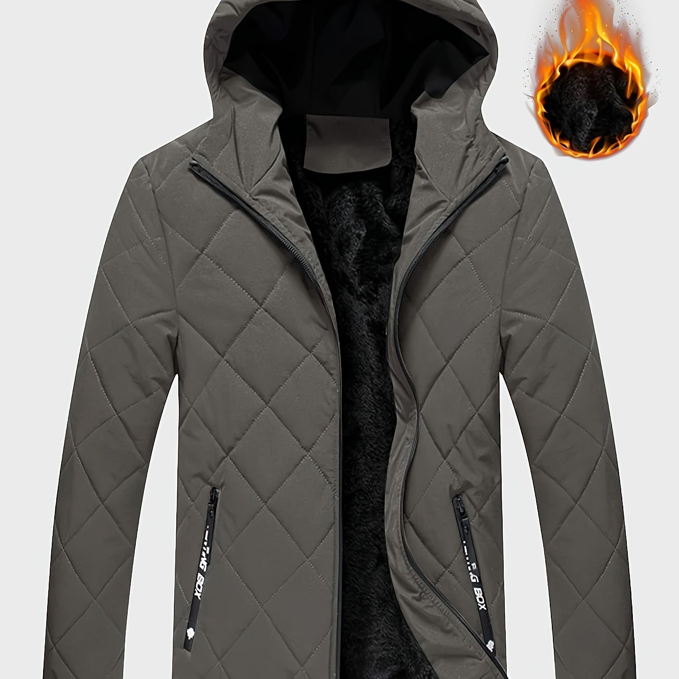 Men's Casual Fleece-Lined Hoodie Jacket - Warm, Windproof Zip-Up Coat with Quilted Design for Fall/Winter, Winter Coat