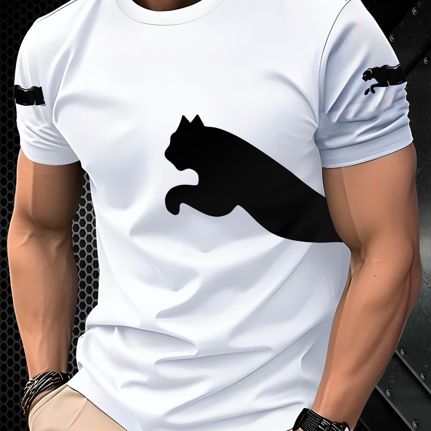 Men's 3D Print Cat Graphic T-Shirt - Casual Short Sleeve Summer Tee with Black White Contrast Design, Breathable Round Neck Top for Outdoor Activities, Machine Washable, Relaxed Fit Shirt, Durable Fabric, Detailed Print Qua