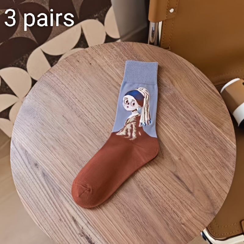 1/3/6 Pairs of Autumn and Winter Warm Retro Oil Painting Style European and American Personality Color Versatile Women's Socks