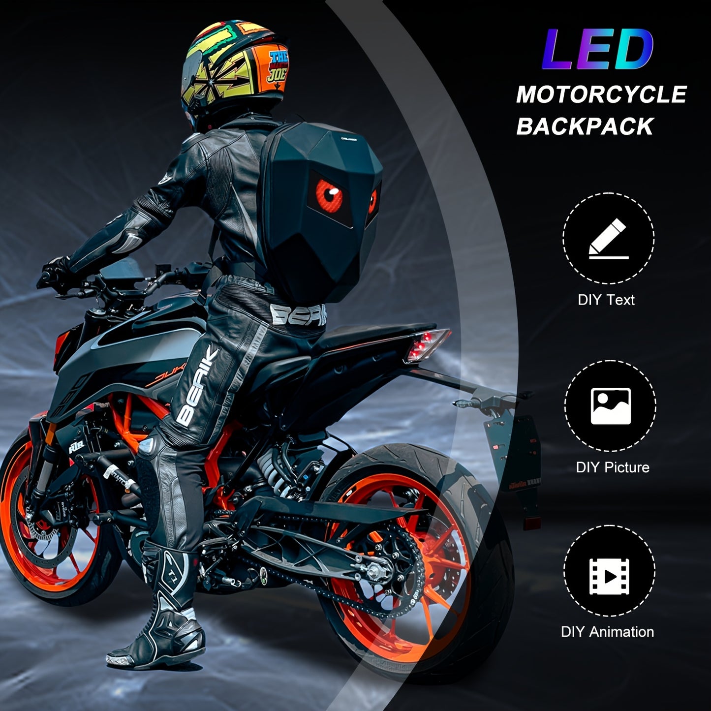 Crelander LED Men'S Motorcycle Backpack - Sleek Black Red Hard Shell Travel Bag with USB Charging, 48.01cm x 35.56cm Capacity, Ergonomic Design for Camping, Cycling Outdoor Adventures, Motorcycle Bag, Adventure Gear, Stre