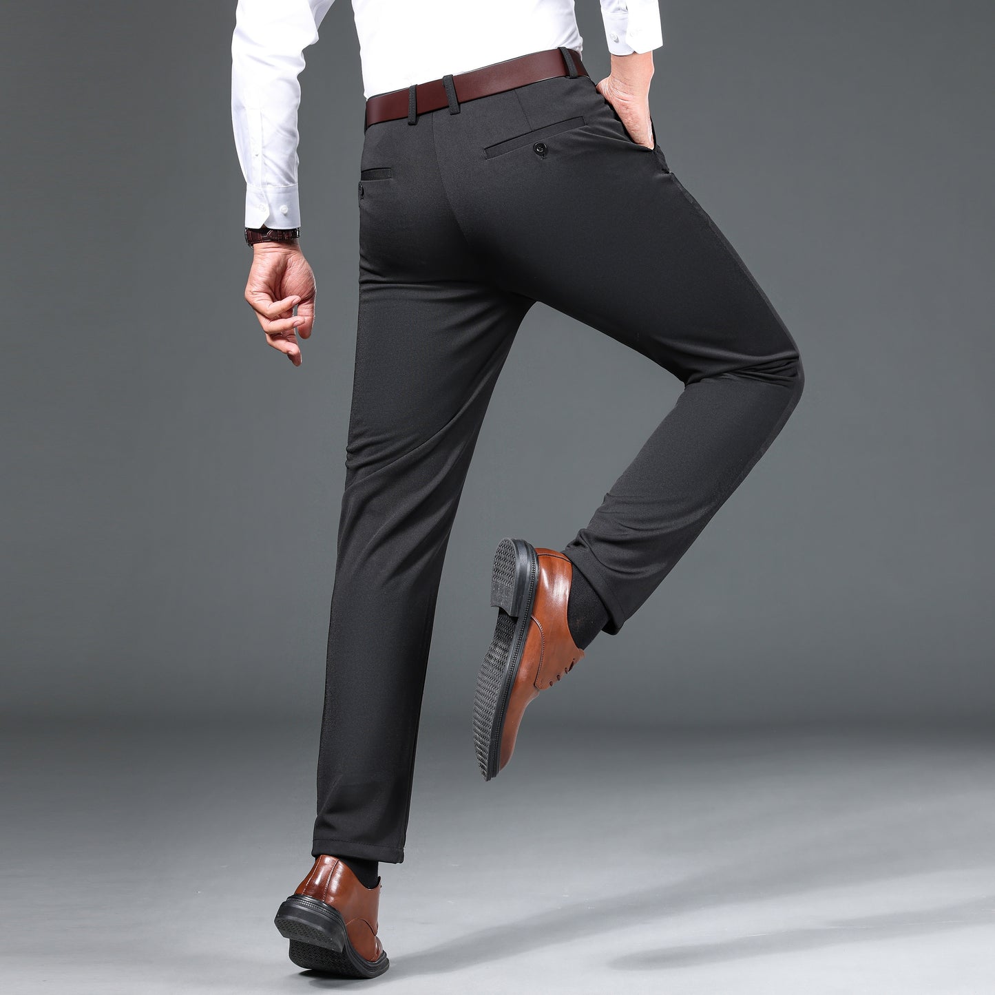 1pc Men'S Warmth Business Casual Pants, Fall/Winter Fleece-Lined Thickened Straight-Leg Trousers with Slant Pockets, Solid Color Knit Fabric Regular Fit Dress Pants with Zipper Closure, Medium Stretch Polyester