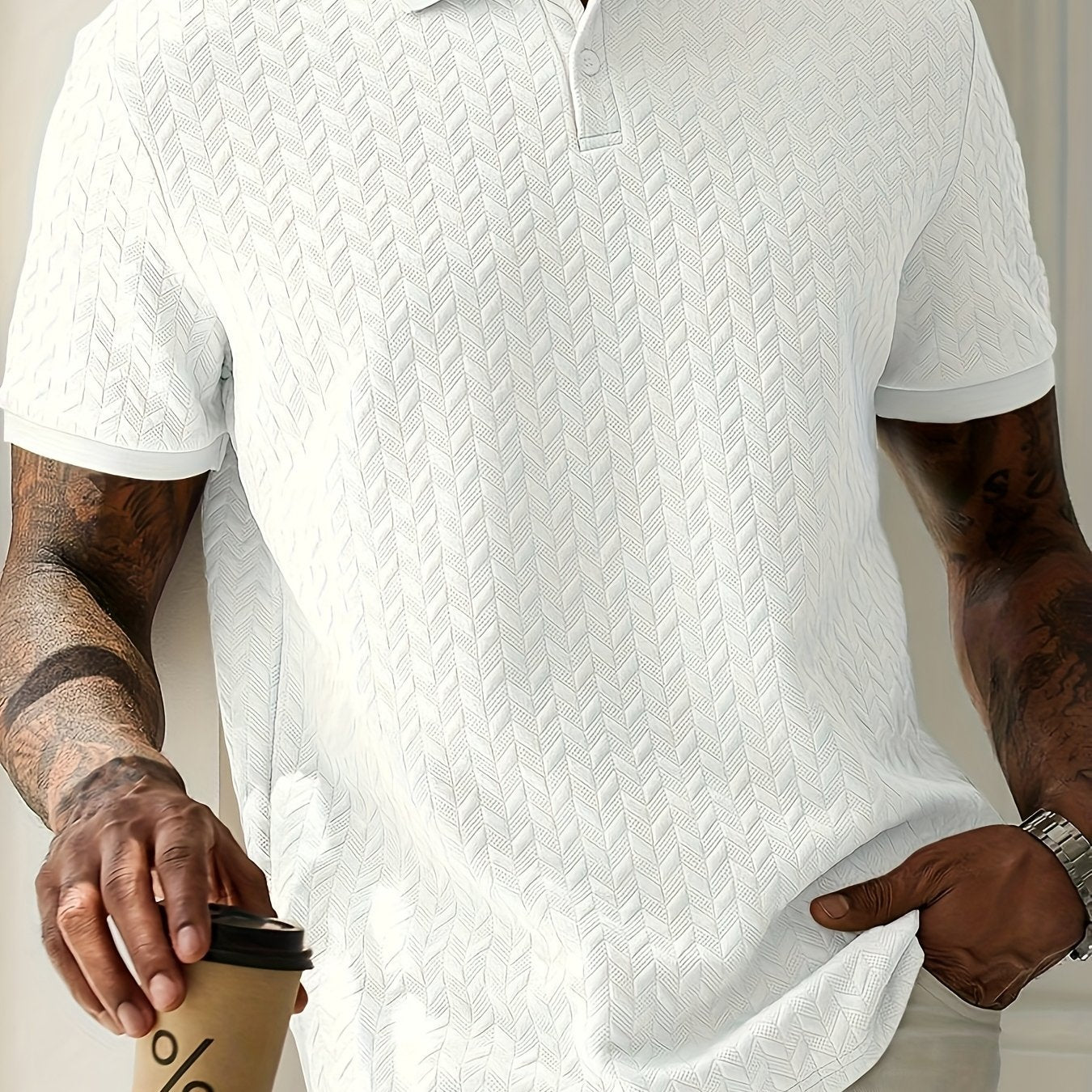 Men'S Casual Black Short Sleeve Polo Shirt with Textured Diamond Pattern - Polyester, Button-Up, Regular Fit for Summer, Casual Attire|Textured Pattern Shirt|Polyester Fabric