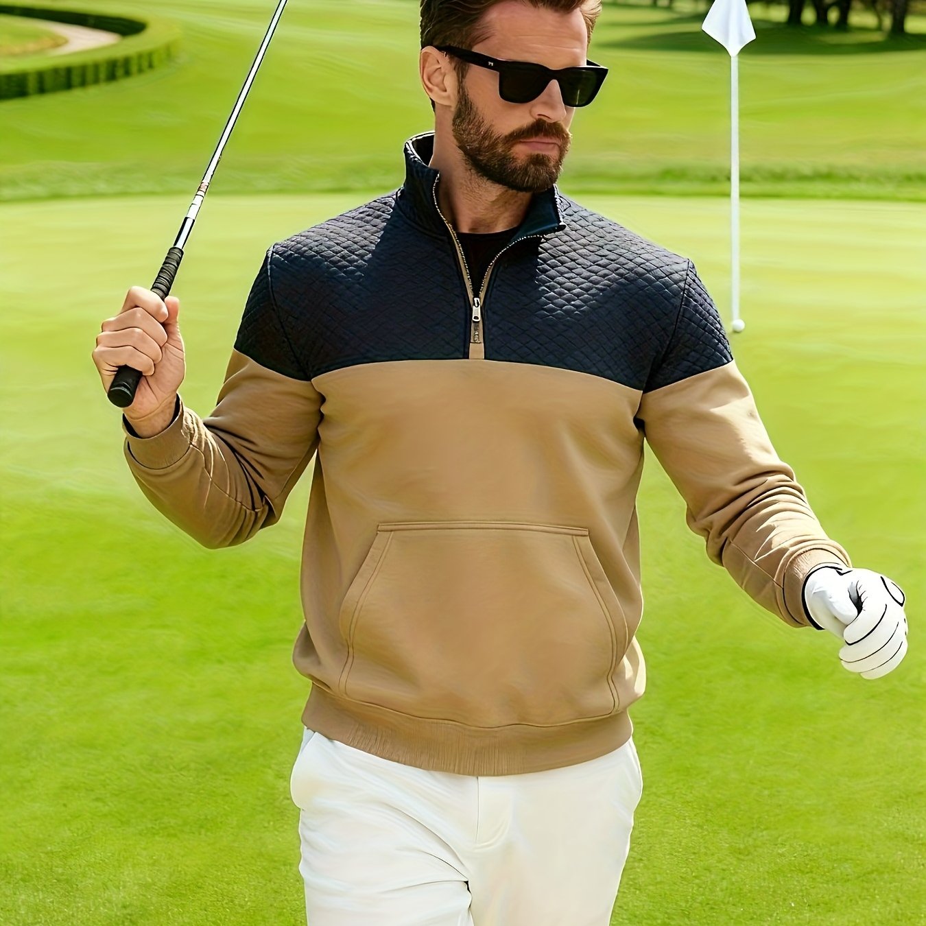 Տղամարդու աշնանային և ձմեռային կիսաճտքավոր սպորտային սվիտեր՝ հարմար մարզումների, վազքի և ֆիթնեսի համար, ոճային և հարմարավետ դիզայնով, փոքր վանդակավոր կանգնած օձիքով և հասանելի է մեծ չափսերով։