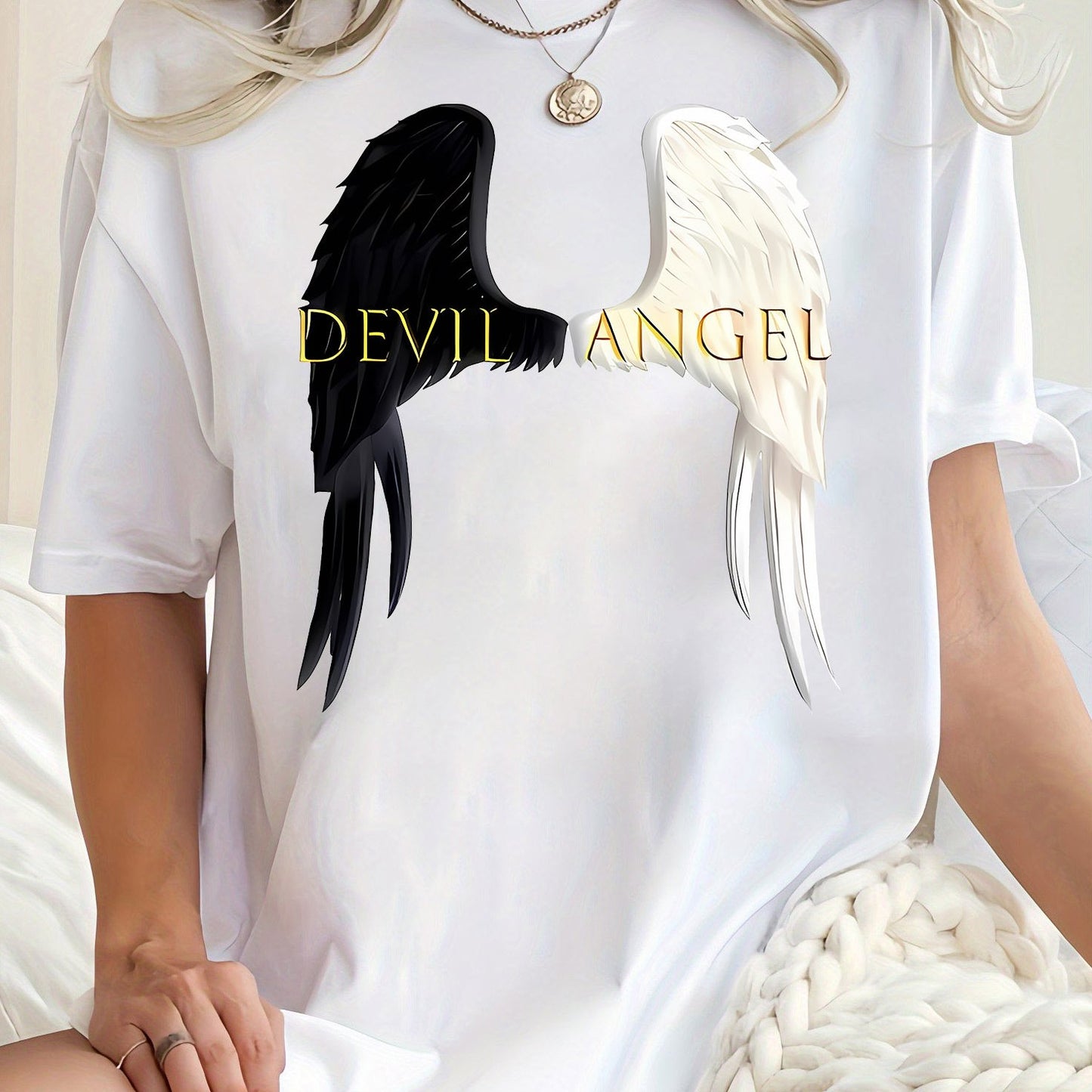 1pc Angel & Devil Wings Graphic Print T-Shirt for Women, Casual Crew Neck Short Sleeve Tee, Polyester Knit Fabric with Medium Stretch, All-Season Fashion Top
