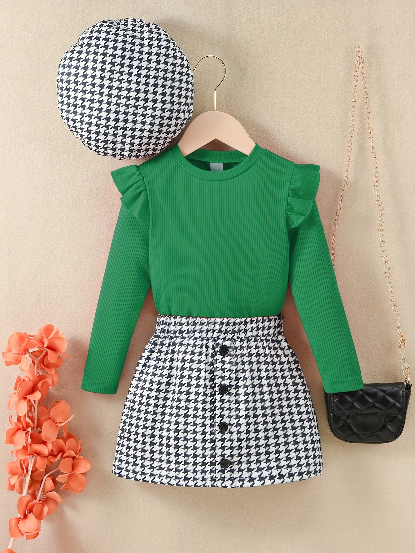Youngsters Girls Ruffle Tee & Houndstooth պրինտ կիսաշրջազգեստ և գլխարկ