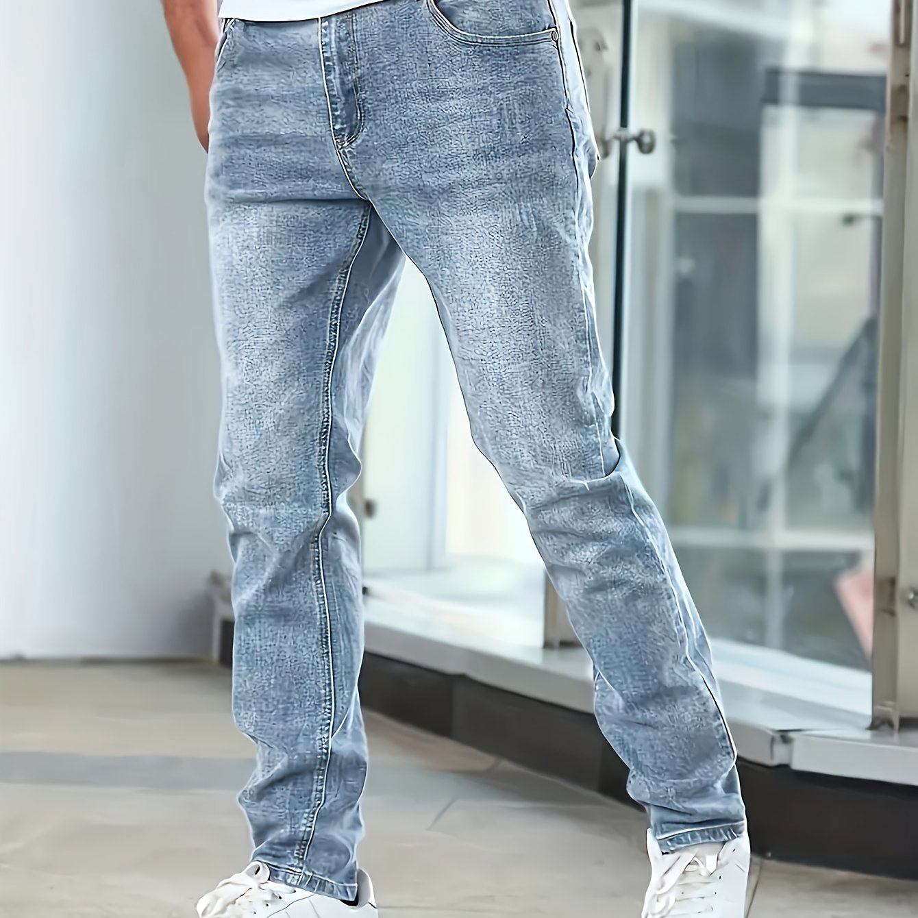 Men's Casual Medium Stretch Jeans, Classic Design Denim Pants