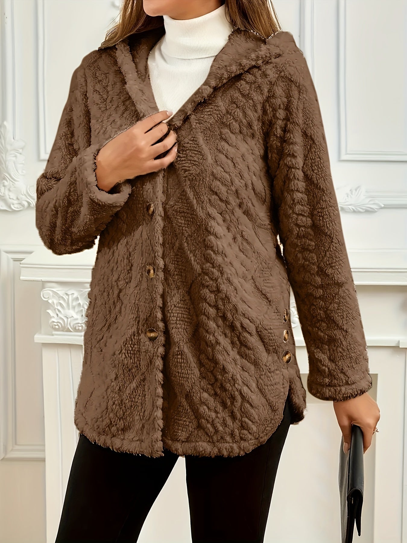 Elegant Pink Faux Fur Coat for Women - Chic Button-Front Hooded Jacket with Sleek Collar, Long Sleeves, and Ribbed Detailing - Perfect for Fall & Winter, Hand or Dry Clean Only