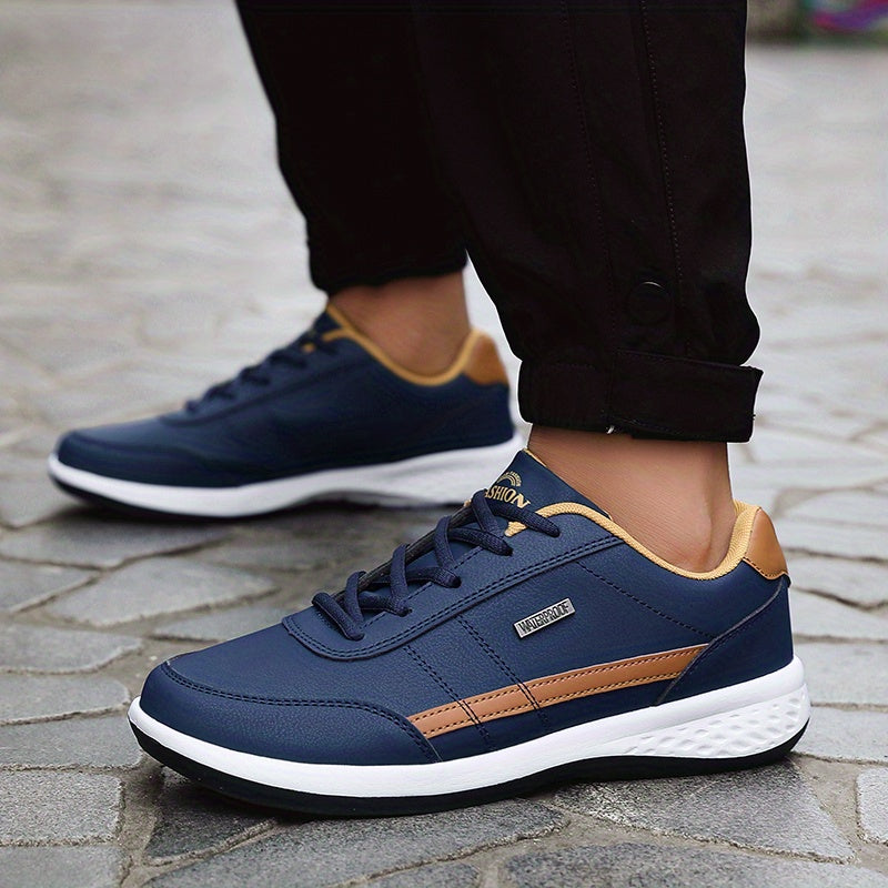 Casual Sneakers| VanWeir Men's Fashion Sneakers - Casual Lace-Up Shoes with PU Upper & MD Sole, Comfortable Fabric Insole, Versatile for All Seasons, Navy Blue with White & Orange Accents, VANWEIR