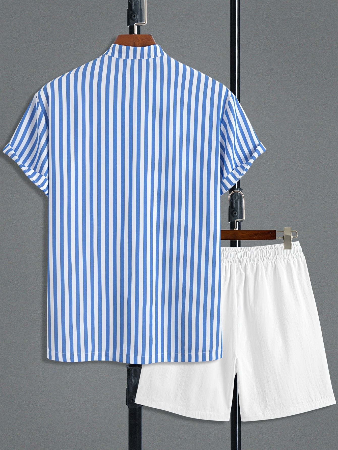 Men's Casual Summer Set: Striped Stand Collar Shirt & Soft Shorts
