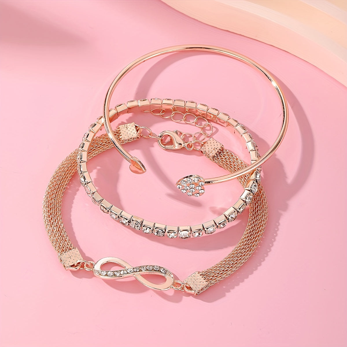 3pcs Vintage Elegant Rhinestone Bracelet Set, Adjustable Heart & Infinity Symbol Bangle, Women'S Alloy Open Cuff, Daily & Gift Occasion, All-Season Jewelry Collection