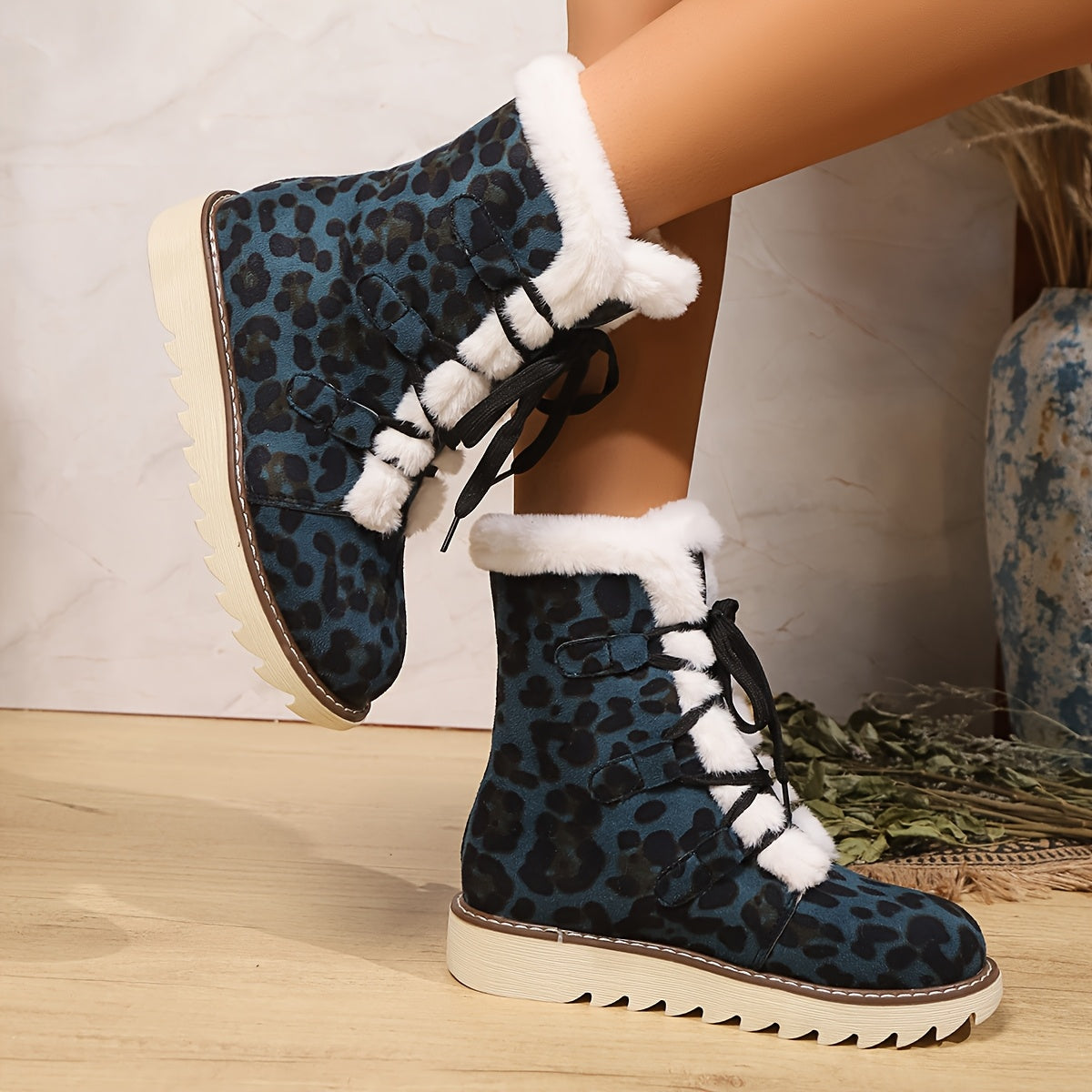 Women's Leopard Print Winter Boots with Flat Sole & Lace-Up Closure - Blue Round Toe Fabric Upper, Rubber Traction Outsole for Cold Weather Comfort, African-Inspired Fashion Footwear, Cold Weather Gear, Comfortable Boots, War