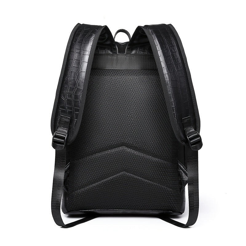 Unisex Backpack with Crocodile Texture, Large Capacity, Anti-Theft, Multi-Compartment, Fits 14-inch Laptop, Casual Travel Business Commute, Minimalist Style, No Battery - Black