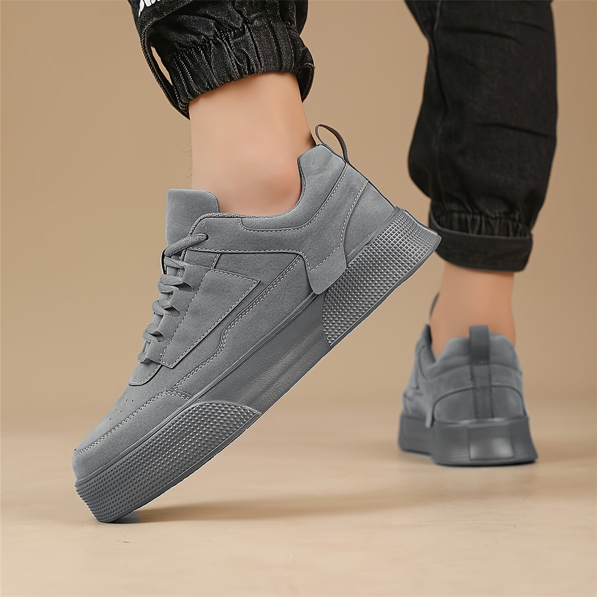 1pair Men'S Classic Solid Grey Skateboard Sneakers, Casual Street Style Lace-Up Running Shoes, Lightweight Stability Low Top with Faux Upper, Fabric Inner & EVA Sole for All-Season Outdoor Activities