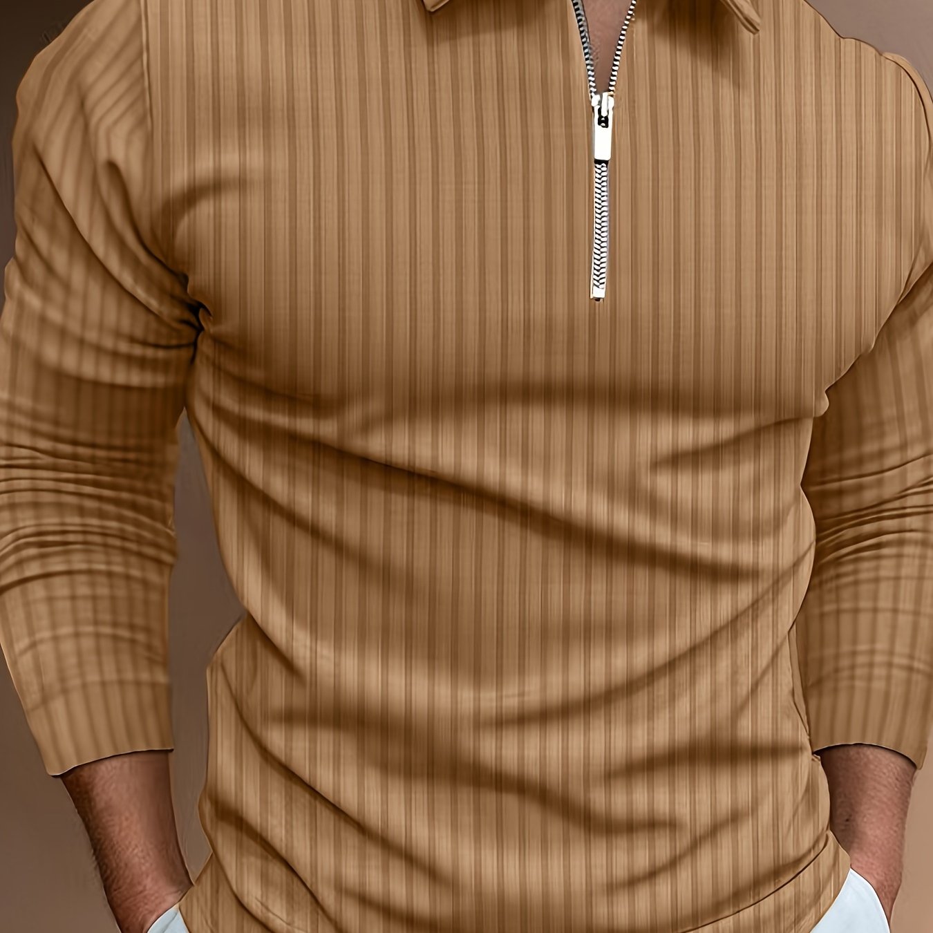 Men's Casual Sports Ribbed Long Sleeve Zipper Lapel Golf Shirt, Spring And Fall