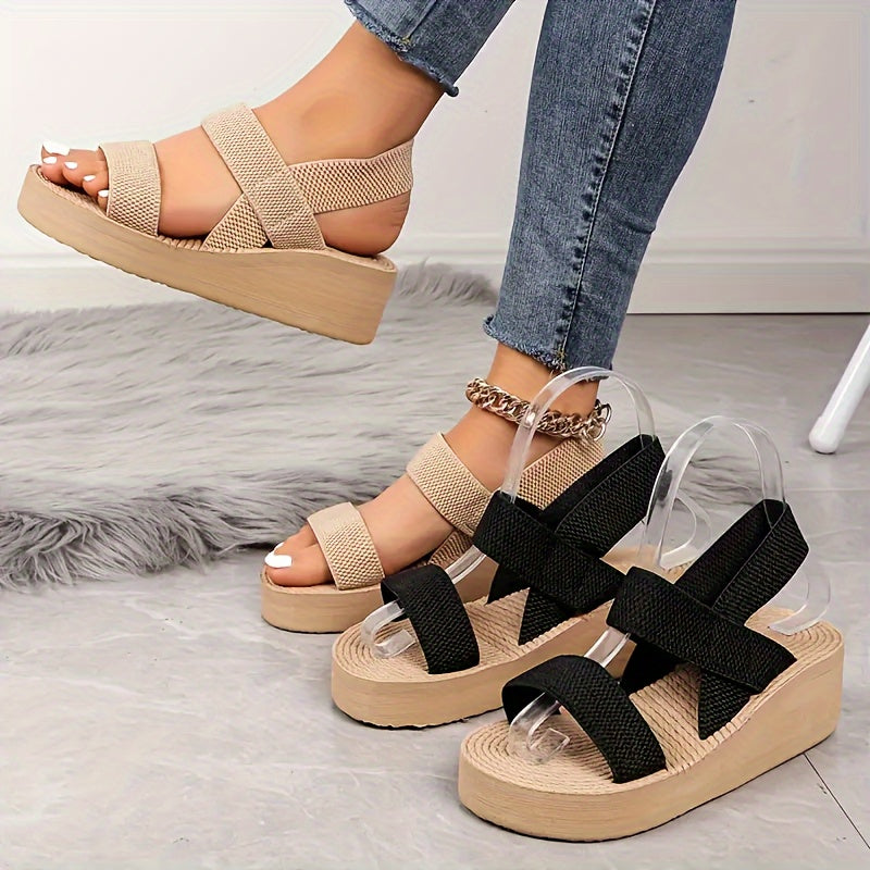 Women's Casual Wedge Sandals, Lightweight Open Toe Elastic Band Slip On Shoes, Summer Outdoor Beach Sandals