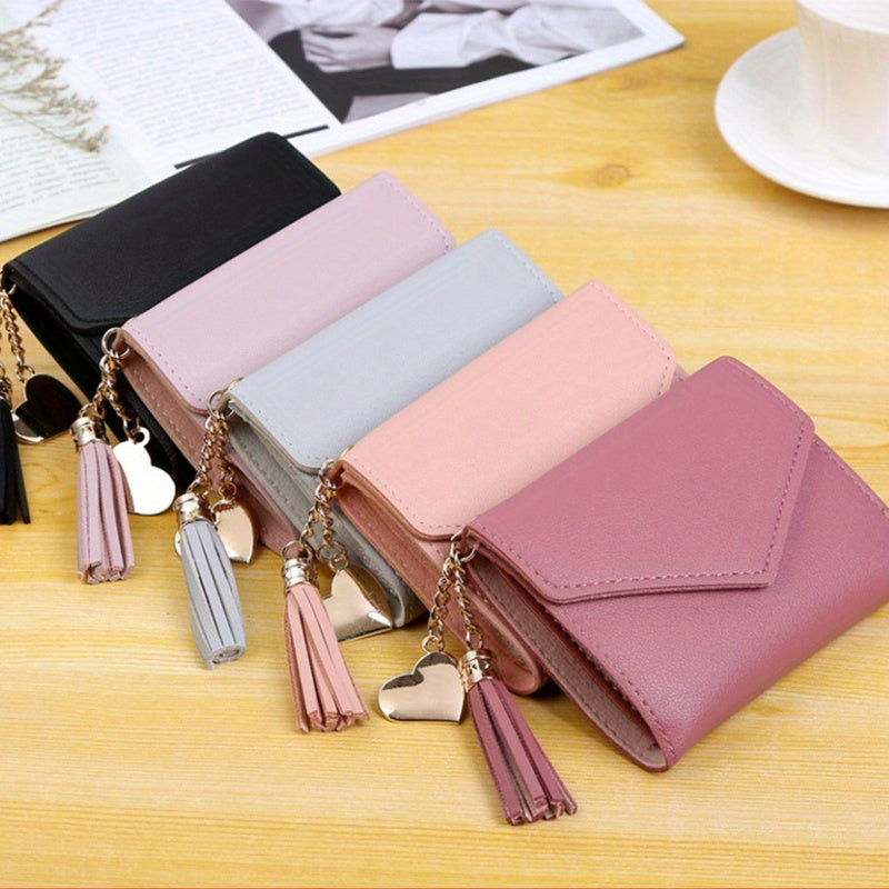 1pc Metal Heart & Tassel Decor Wallet Short Women Wallets Purse, Patchwork Fashion Panelled Wallets, Trendy Coin Purse