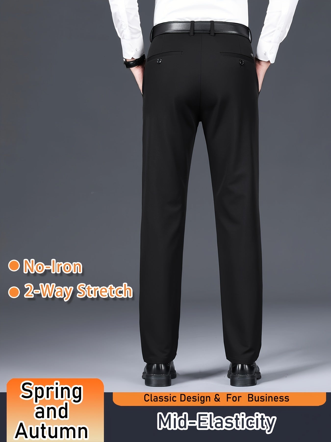 Men's Solid Color Dress Pants, Classic Design Slightly Stretch Formal Dress Pants For Business Occasions, Spring And Fall