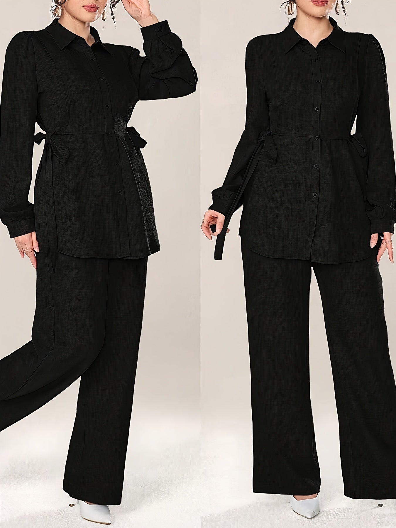 Women'S Solid Color Long Sleeve Knotted Waist Single-Breasted Shirt and Pants Elegant Commuter Set, Two-Piece Summer Autumn Women'S Outfit Office Business Casual Women'S Suit