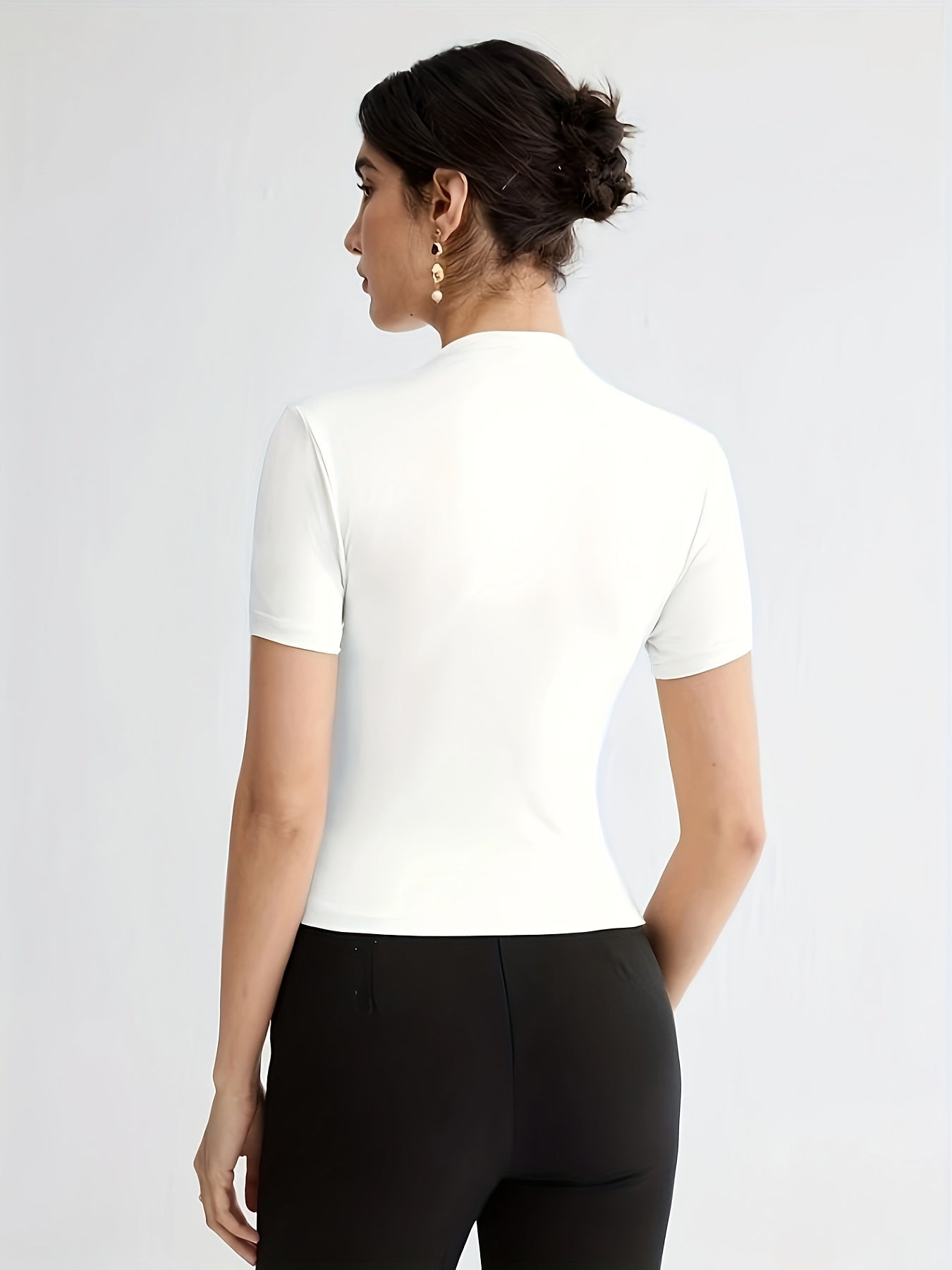 Elegant White Short Sleeve Turtleneck Top with Button Detail - Versatile Summer Blouse for Women, Casual Attire|Minimalist Style|Sleek Fit