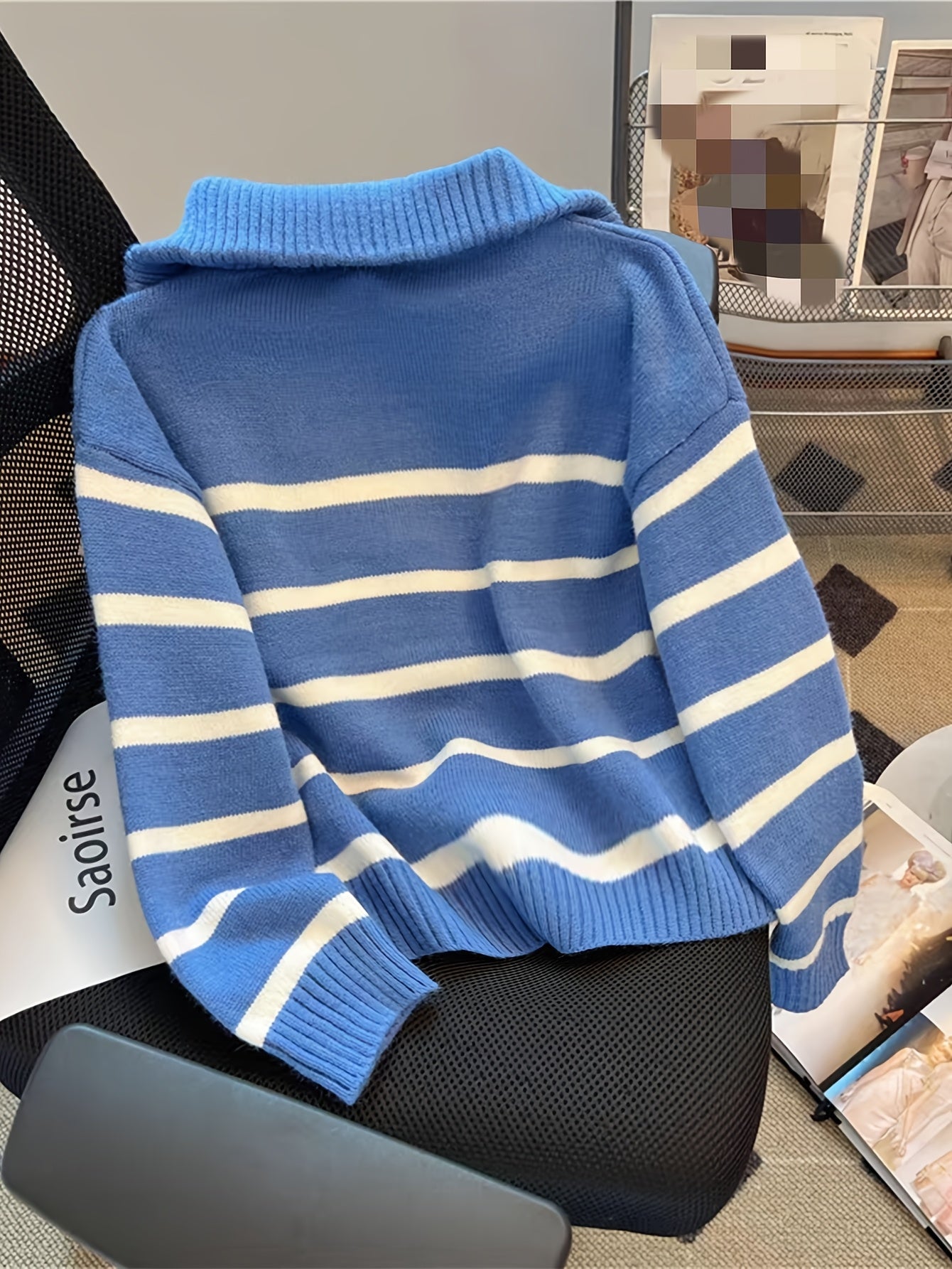 Elegant Striped Zip-Up Knit Sweater - Cozy Acrylic & Polyester Blend, Perfect for Fall/Winter, Cozy Sweater