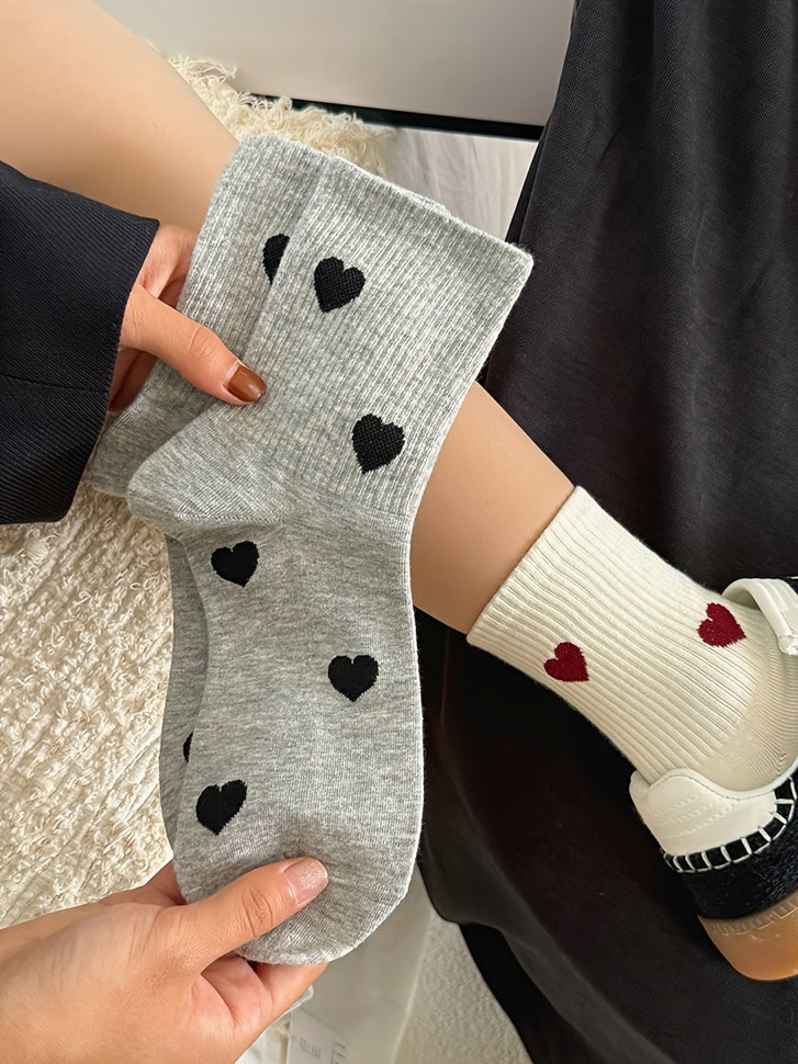 5 Pairs Cozy Women'S Knee-High Socks with Heart Pattern - Polyester and Spandex Blend, Knit Fabric, Machine Washable