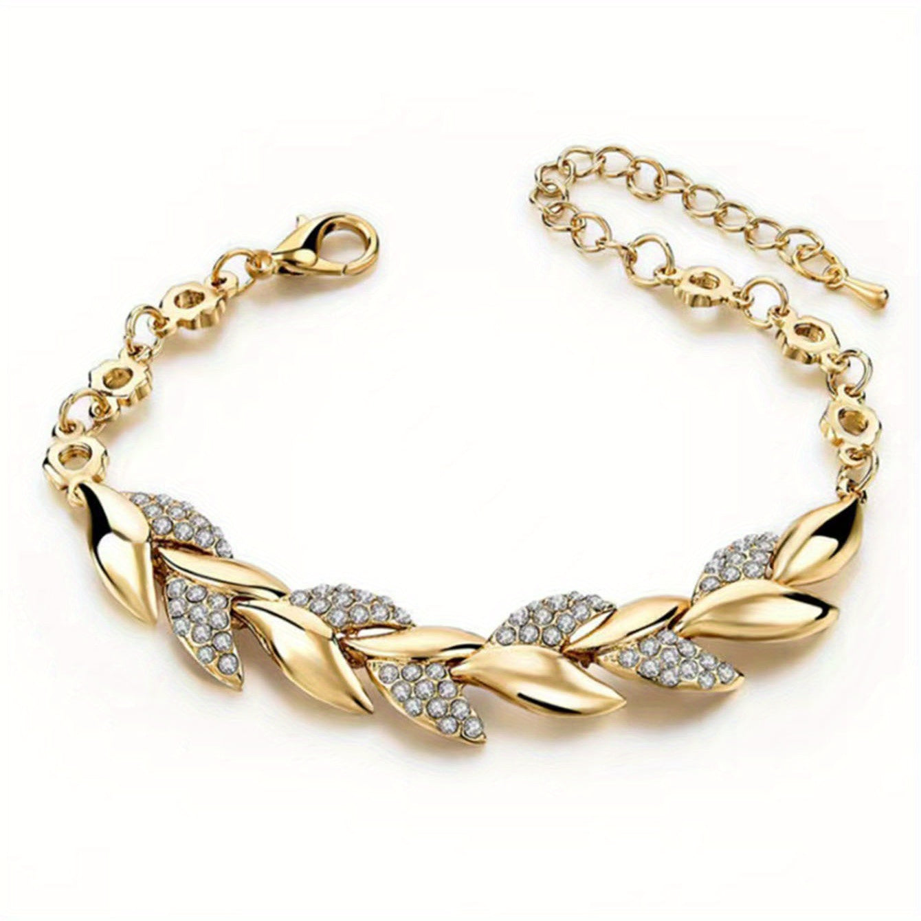 1pc Daily Banquet Jewelry, Golden Leaf Bracelet, Fashion Wedding Jewelry, Inlaid Faux Diamond Bracelet For Men Women