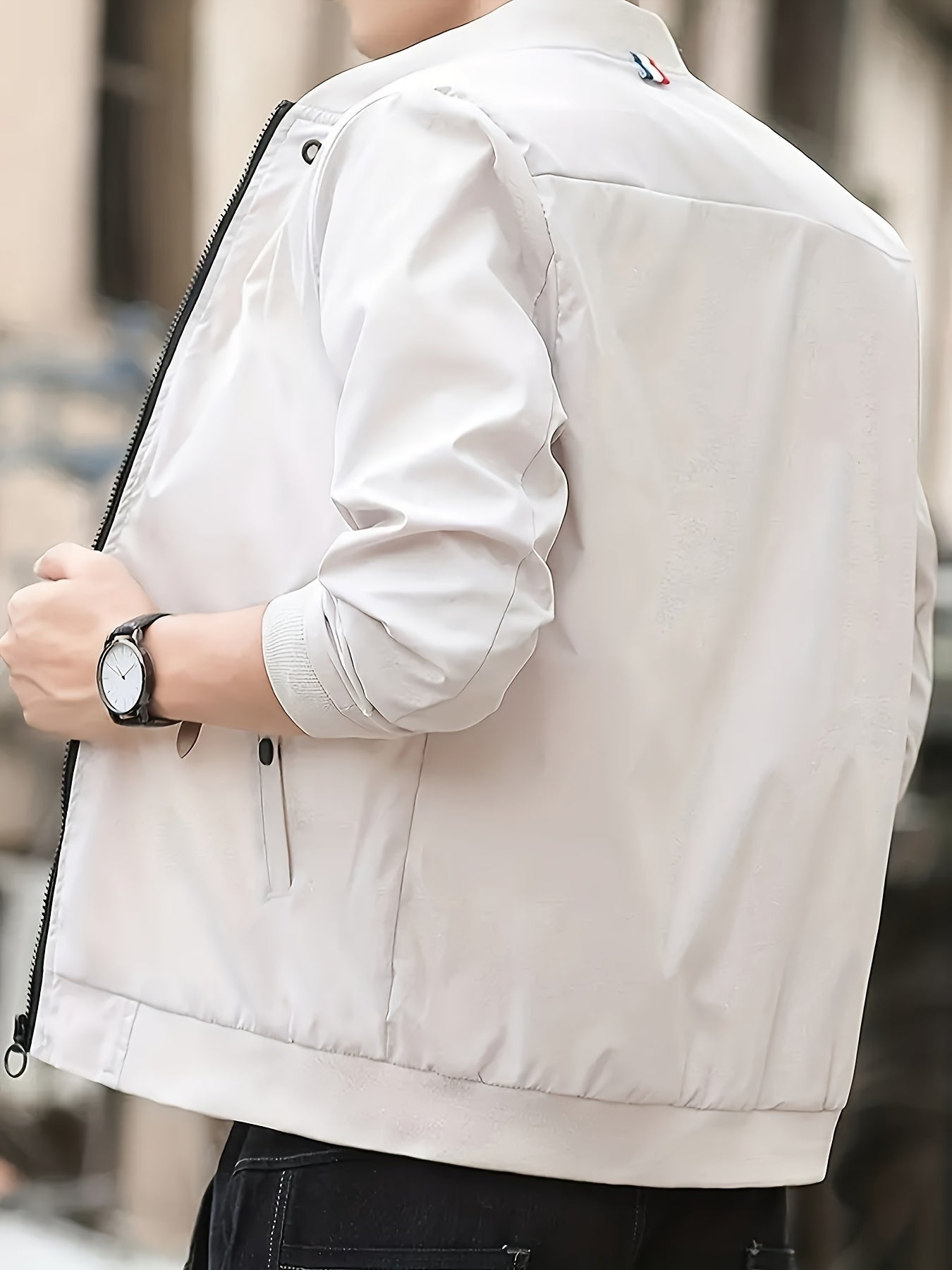 1pc Men'S Casual Stand Collar Bomber Jacket, Solid Color Long Sleeve Non-Stretch Woven Acetate with Pockets, Polyester Lined Zip-Up Lightweight Outerwear for Spring/Fall