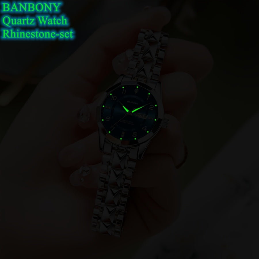 Banbony Women'S Quartz Watch - Luxury IPX7 Waterproof Stainless Steel Strap, Luminous Display, Rhinestone Accents, Date & Night Light, Minimalist Black Dial, Perfect Gift for Women, Casual Timepiece, Elegant Timepiece, Highqu