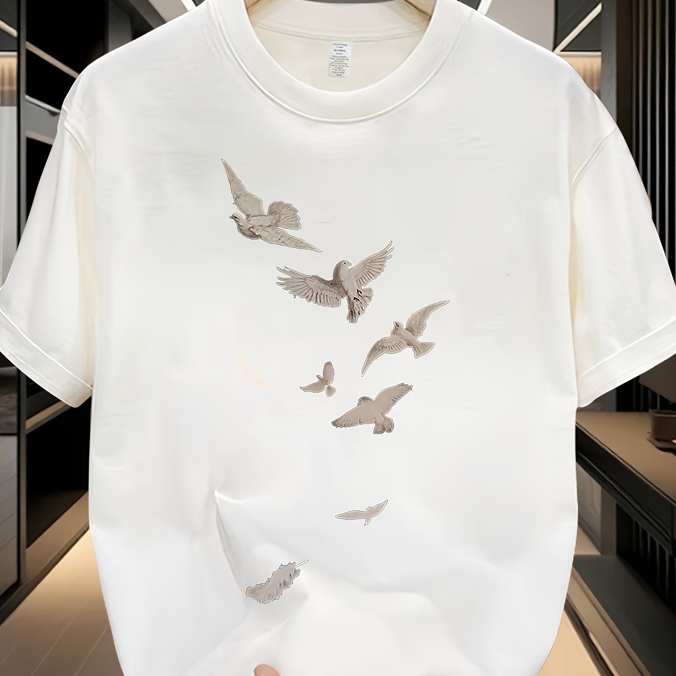 Men's Loose Fit Cotton T-Shirt - Casual Summer Short Sleeve Crewneck with Artistic Bird Print, Lightweight & Breathable for Casual Attire, Breathable Clothing | Relaxed Fit Shirt | Pure Cotton Fabric