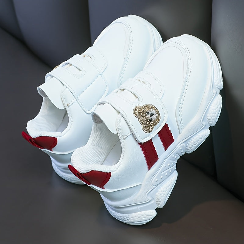 Girls' White Sneakers - Cute Cartoon Bear Design, Casual Low-Top Style with Hook-and-Loop Fastener, Comfortable Microfiber Synthetic Upper, All-Season Wear for Youngsters, Everyday Youngsters's Shoes | Playful Youngsters Snea