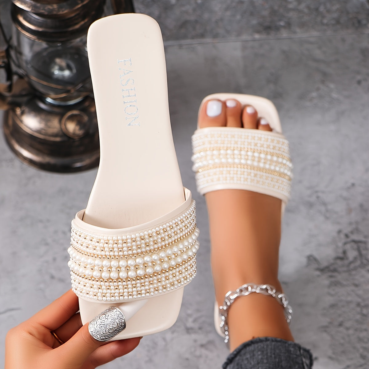 Elegant Women's Summer Flat Slide Sandals - Chic Square Toe with Pearl & Rhinestone Embellishments, Casual Slip-On Design, Faux Cover Upper & Rubber Sole, Ladies Sandals