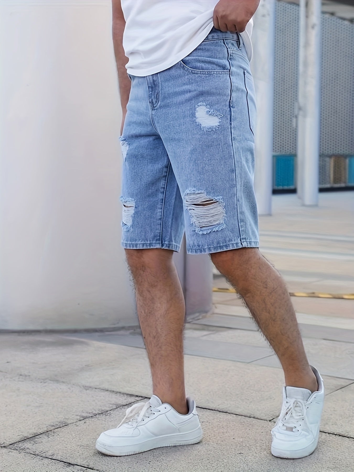 Men'S Casual Ripped Denim Shorts, 85% Cotton 15% Polyester Blend, Knee High, Non-Stretch, Solid Color, Loose Fit Skinny Contour, Woven Fabric, 375g/m² - Summer Fashion