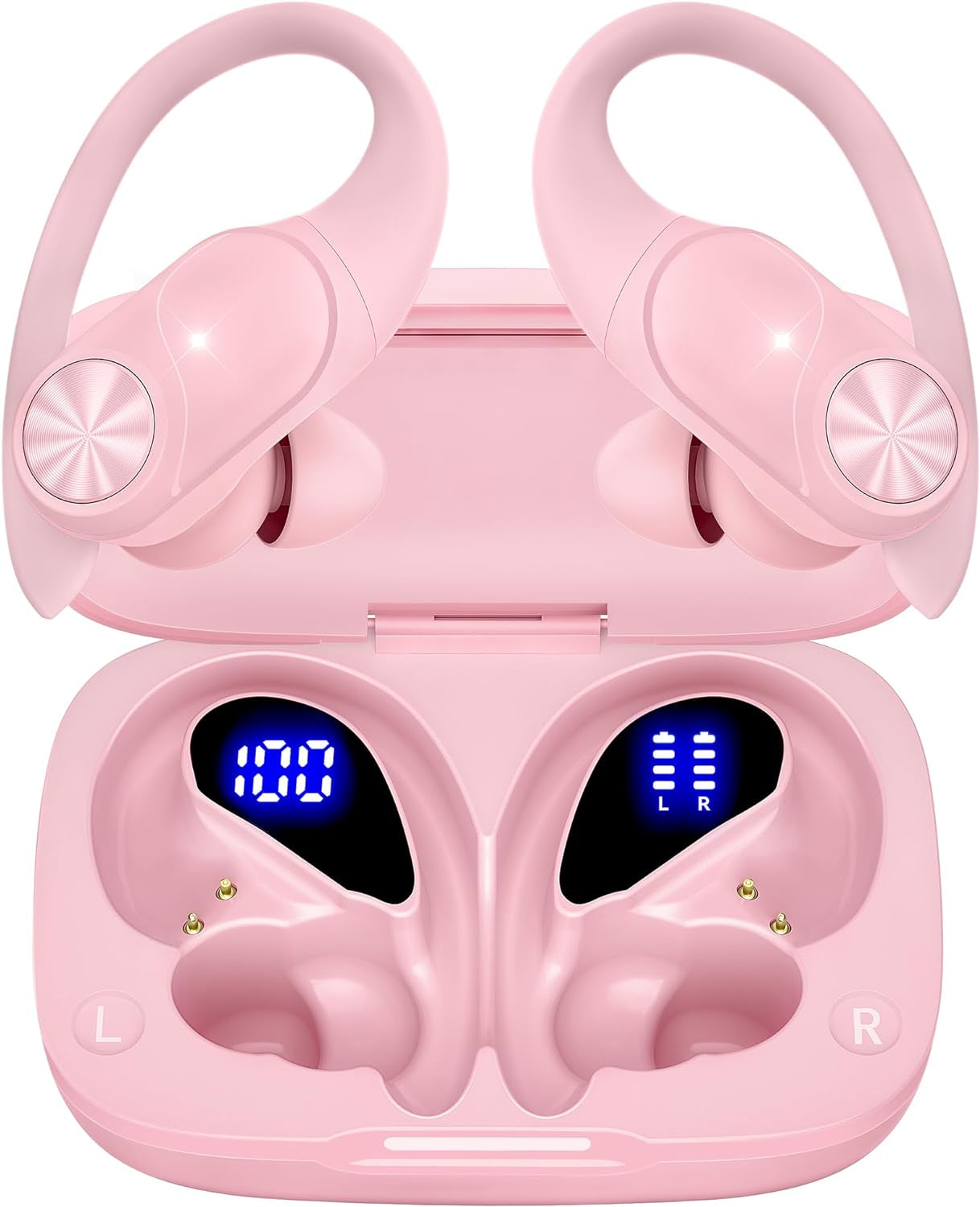 Pocbuds Bluetooth Headphones Wireless Earbuds 80Hrs Playtime Wireless Charging Case Digital Display Sports Ear Buds with Earhook Deep Bass IPX7 Waterproof Over-Ear Earphones for TV Phone Laptop Black