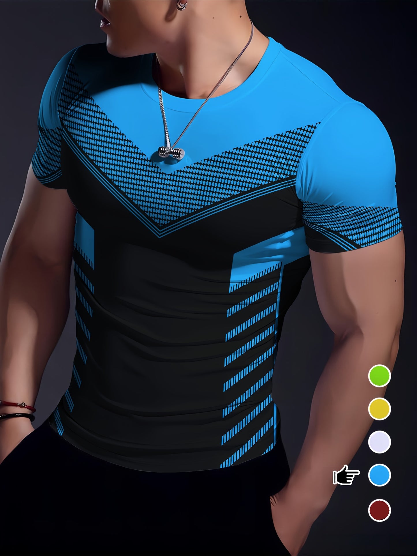 Men'S Geometric-Pattern Sports T-Shirt, Polyester Blend, Crew Neck, High Stretch, Short Sleeve, Quick-Dry, Tear-Resistant, Knit Fabric, Skinny Fit, with 3D Heat Sublimation for Running, Yoga, Training, Hiking, Casual & Athlet