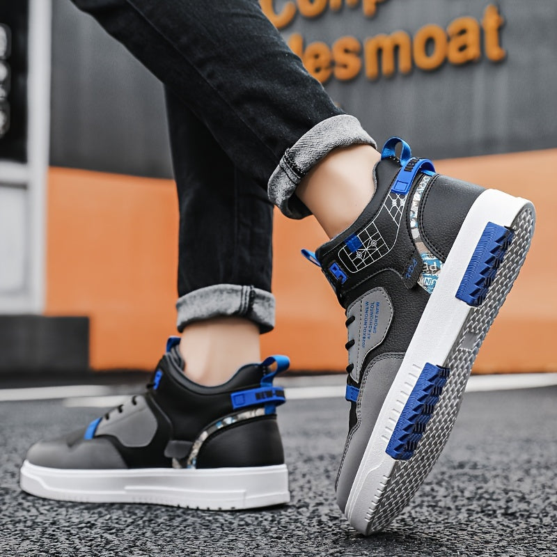 Men's Skate Shoes with Good Grip Breathable Design - PU Upper, Cushioned PVC Sole, Black/Blue Letter Pattern Lace-Up Sneakers for All-Season Casual Sports Wear, Allseason Shoes Modern Casual Shoes Comfortable Wear