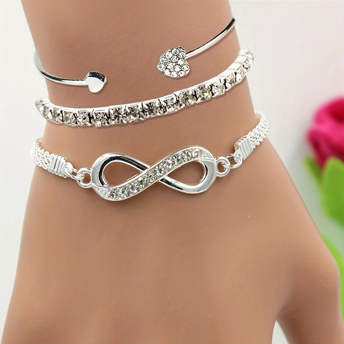 3pcs Vintage Elegant Rhinestone Bracelet Set, Adjustable Heart & Infinity Symbol Bangle, Women'S Alloy Open Cuff, Daily & Gift Occasion, All-Season Jewelry Collection