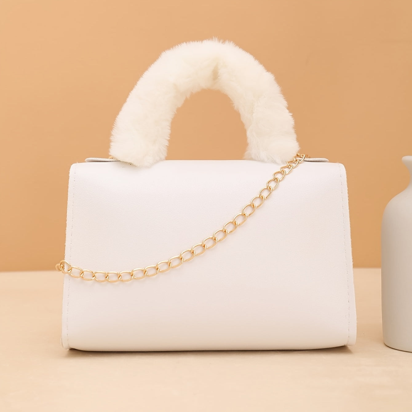 1pc Elegant Crossbody Bag with Soft Plush Handle, Solid Color Casual Messenger Bag with Removable Strap and Turn-Lock Closure for Daily Use, Small Crossbody Bag