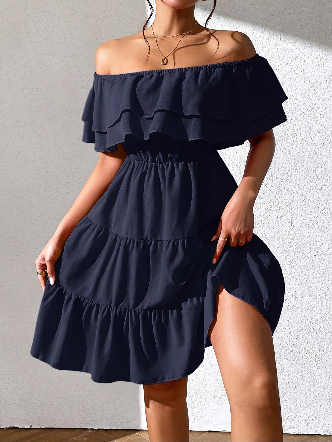 Women'S Off the Shoulder Ruffle Hem Casual Dress, Polyester 100%, Solid Color, Fitted, Woven, for All Seasons