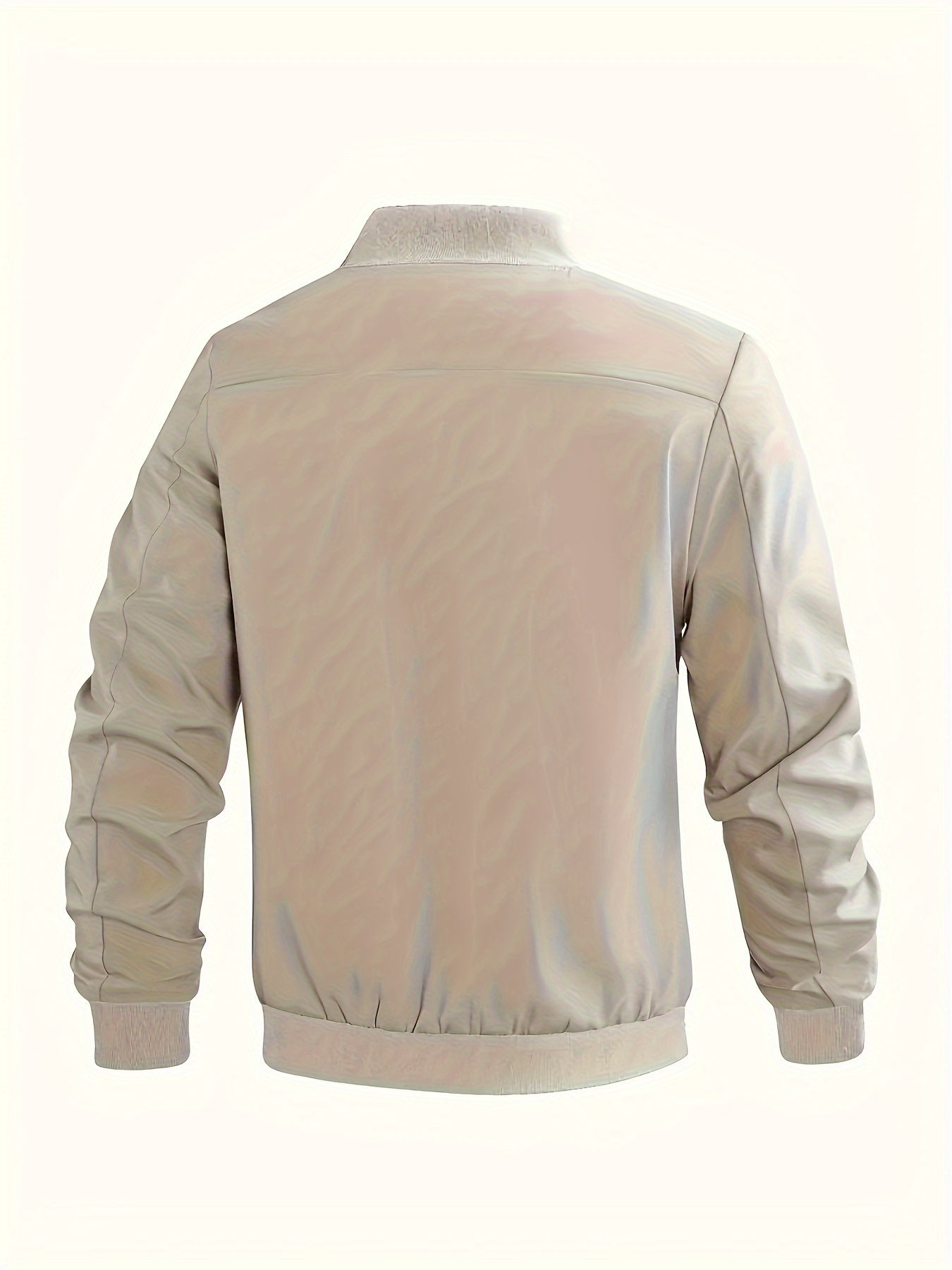 1pc Men'S Casual Stand Collar Bomber Jacket, Solid Color Long Sleeve Non-Stretch Woven Acetate with Pockets, Polyester Lined Zip-Up Lightweight Outerwear for Spring/Fall