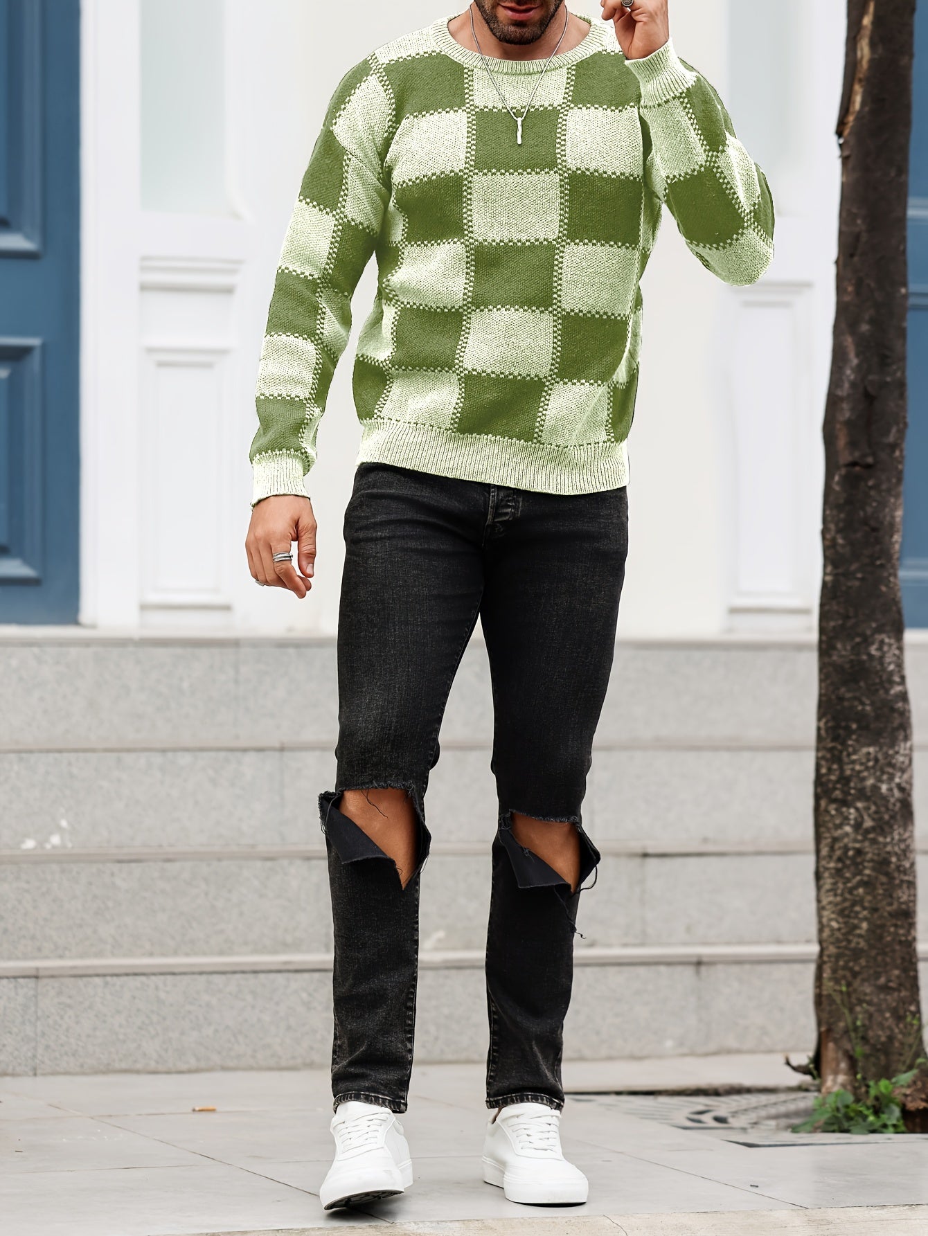 Men's Color Blocking Textured Checked Print Casual Trendy Sweater, Long Sleeve Pullover As Gift For Fall And Winter