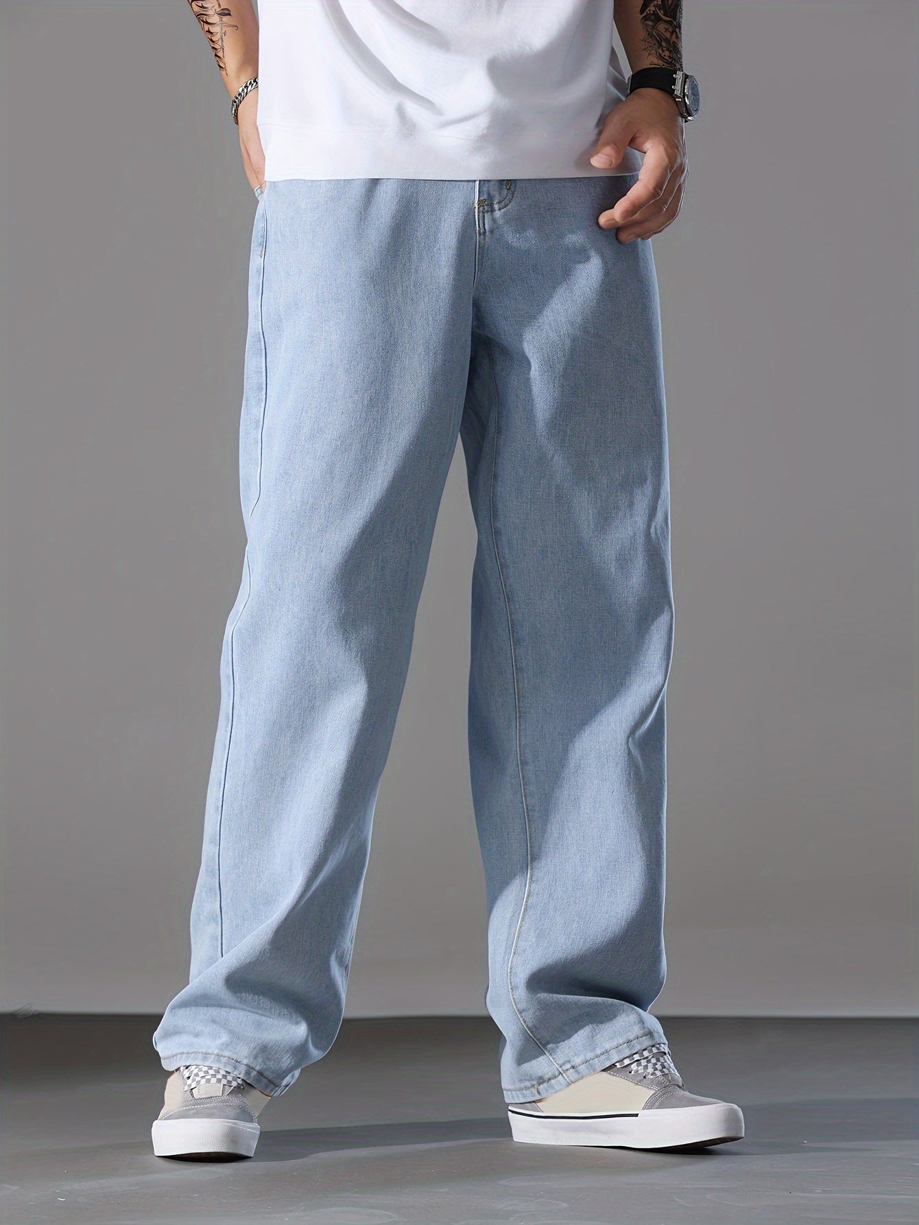 Men's Solid Denim Pants With Pockets, Causal Cotton Blend Jeans For Outdoor Activities